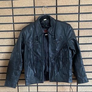 Black Leather Fringe Jacket Rose Vintage
